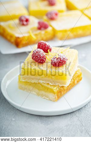 Lemon Pie Squares Topped With Rasperries, Homemade Dessert
