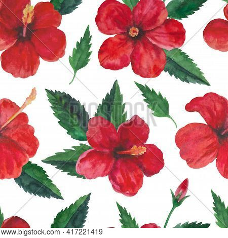Tropical Seamless Pattern With Red Hibiscus Flowers And Leaves. Watercolor Illustration.