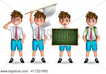 School Boy Characters Vector Set. School Student Boys Character Standing And  Holding Flag Elements 