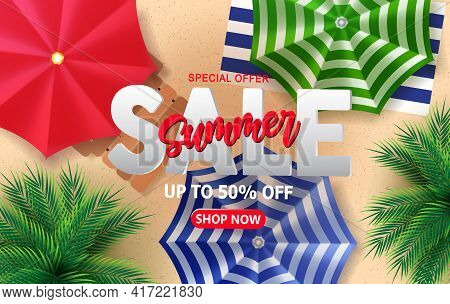 Summer Sale Vector Banner Design. Summer Sale Special Offer Text With 50% Off Promo Discount For Sum