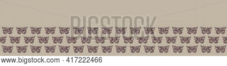 Hand Carved Butterfly Block Print Seamless Border Pattern. Rustic Naive Folk Motif Illustration Bann