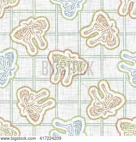 Seamless Linen Butterfly Blockprint Pattern Background. Calm Pale Tonal Pastel Color Wallpaper. Simp