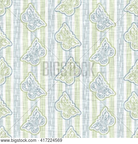 Seamless Linen Butterfly Blockprint Pattern Background. Calm Pale Tonal Pastel Color Wallpaper. Simp