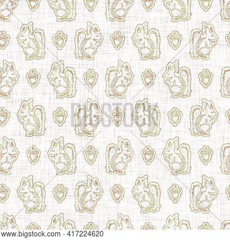 Seamless Linen Squirrel Blockprint Pattern Background. Calm Pale Tonal Pastel Color Wallpaper. Simpl