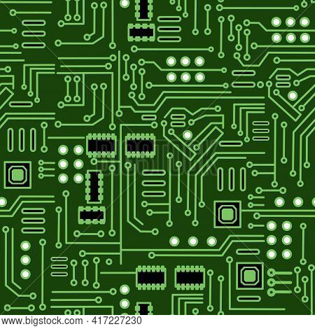 Vector Illustration Of Seamless Electronic Board Chip-set Background.