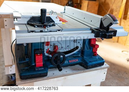 Miercurea Ciuc, Romania- 17 April 2021: Bosch Gts 10 Xc Professional Table Saw In A Small Woodworkin