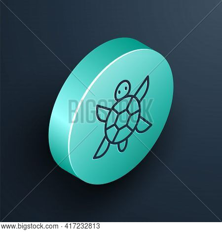 Isometric Line Turtle Icon Isolated On Black Background. Turquoise Circle Button. Vector