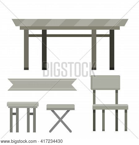 Table And Set Of Chairs. Grey Modern Kitchen Furniture. Element Of Cafe And Restaurant. Cartoon Flat