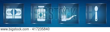 Set Stacks Paper Money Cash, Medicine Bottle And Pills, Smoking Pipe And Heroin In A Spoon. Square G