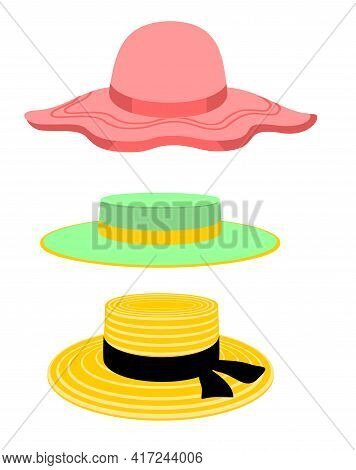 Summer Women S Hats. Girl Beach Sun Hat Flat Design Icon Isolated On White. Women Hats Isolated On W