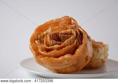 Fresh Baked Chebakia For Ramadan. Chebakia Moroccan Pastries. Made Of Strips Of Dough Rolled To Rese