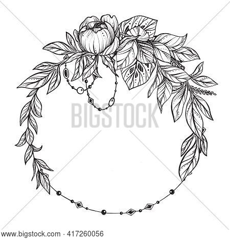 Beautiful Vector Frame With Black And White Feverweed, Protea, Peony Flowers And Leaves.