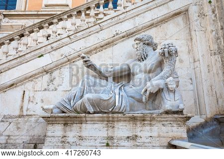 Rome, Italy. View Of The Staircase Of The Palazzo Senatorio, A Renaissance Masterpiece. Its Double R