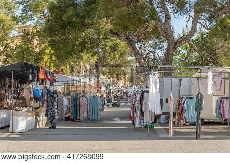 Sineu, Spain; April 14 2021: Weekly Street Market In The Majorcan Town Of Sineu In Times Of The De-e