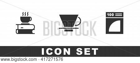 Set Coffee Cup And Book, V60 Coffee Maker And Paper Filter Icon. Vector
