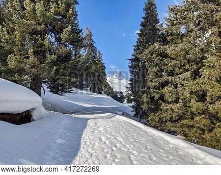 Winter Hiking Trail In The Direction Of The Zervreilahorn Above Zervreilasee Reservoir. Nice Views O