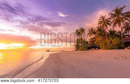 Beautiful Tropical Sunset Scenery, Seaside, Shore, Coastline With Palm Tree. White Sand, Sea View Wi