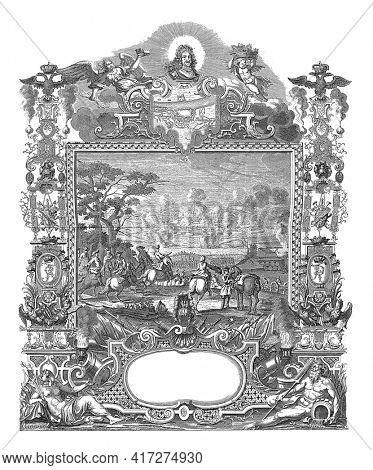 Conquest of Kaiserswerth, 1702, vintage engraving.