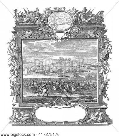 Conquest of Schellenberg, 1704, vintage engraving.