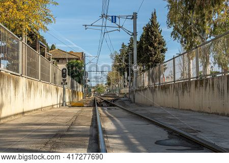 Sineu, Spain; April 14 2021: General View Of The Train Station In The Majorcan Town Of Sineu. Platfo