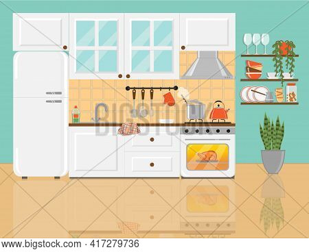 Cozy Kitchen With White Furniture, Glass Cupboard, Refrigerator, Shelfs, Plants And Food On Gas Stov