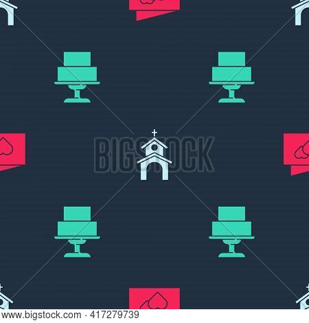 Set Greeting Card, Church Building And Wedding Cake On Seamless Pattern. Vector