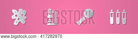 Set Paper Cut Cell, Test Tube Flask On Fire, Microorganisms Under Magnifier And Reagent Bottle Icon.