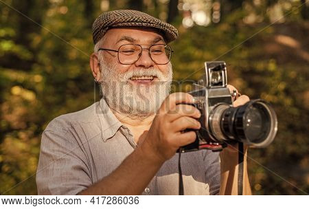 Landscape Nature Photo. Old Photographer Filming. Make Perfect Frame. Manual Settings. Pension Hobby