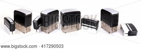 Black Plastic Automatic Stamps For Documents Isolated On White Background