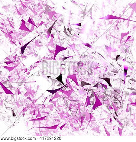 Purple Pieces Of Various Geometric Shapes Are Arranged Randomly On A White Background. Abstract Frac