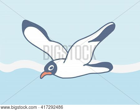 Seagull Flying Over The Sea Wave In Sunny Weather. Close-up Vector Image Of A Bird With Outstretched