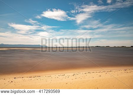 Sand, Clouds And Lake With Blue Sky