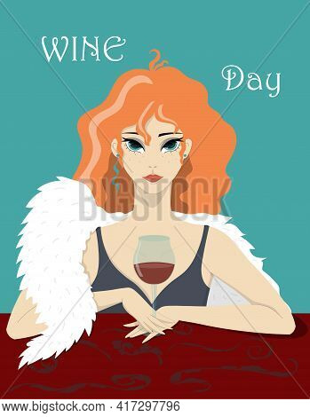 Beautiful Red-haired Woman Sitting In A Bar With Red Wine. Wine Day