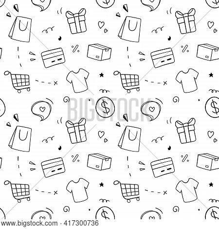 Shopping Seamless Pattern. Doodle Drawing Design Concept. Vector Illustration