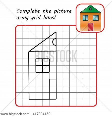 Educational Game For Kids. Simple Exercise. House. Drawing Using Grid. Symmetrical Drawing. Vector I