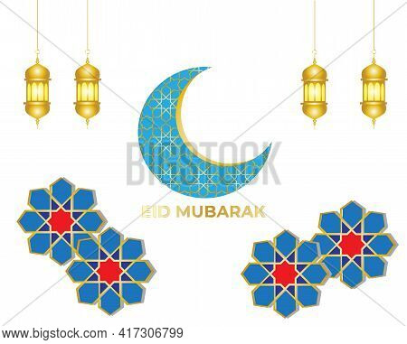 A Vector Of Crescent Moon In Turqoise Colour With Islamic Geometry, Eid Mubarak Word, Lantern And Is