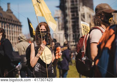 Westminster, London | Uk -  2021.04.17: People With Banners And Placards Marching At The Kill The Bi