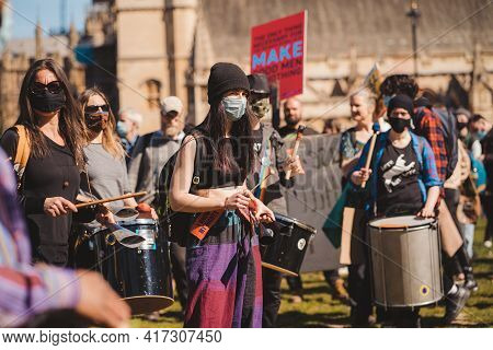 Westminster, London | Uk -  2021.04.17: Drummers Musicians At The Kill The Bill Protest