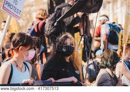 Westminster, London | Uk -  2021.04.17: People With Banners And Placards Marching At The Kill The Bi