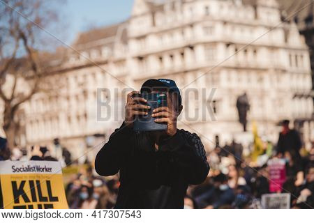 Westminster, London | Uk -  2021.04.17: People With Banners And Placards Marching At The Kill The Bi