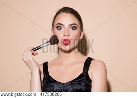 Beauty Portrait Of Beautiful Female Model With Make Up Brush With Powder. Woman With Beauty Face, Na