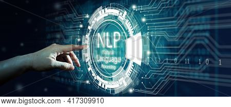 Hand Of Businessman Touching Hologram Screen With World Map Background. Nlp Natural Language Process