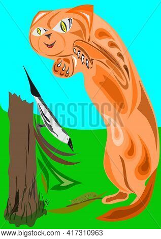 Ginger Cat Hunts Magpie On A Green Background. Abstract Vision For Poster Printing.