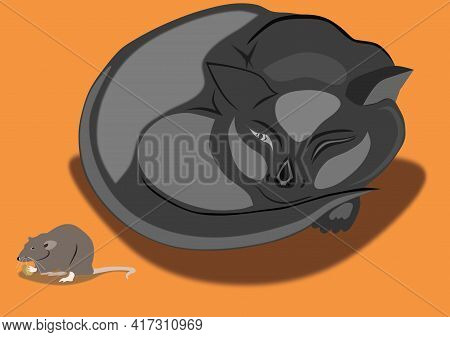 The Cat Lies And Looks Slyly While The Mouse Eats Cheese Is Not Afraid Of Anything