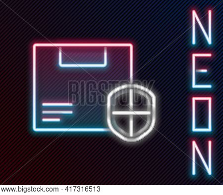 Glowing Neon Line Delivery Security With Shield Icon Isolated On Black Background. Delivery Insuranc