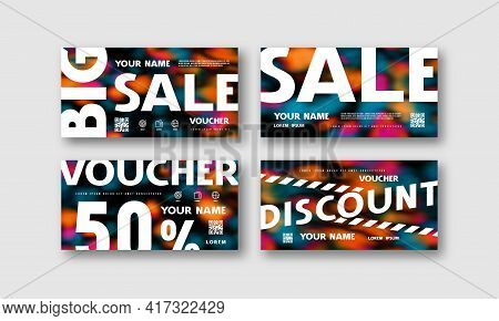 Stock Vector Set Of Discount Voucher Template. Printed On Color Hand Painted Psychedelic Tie Dye Blu