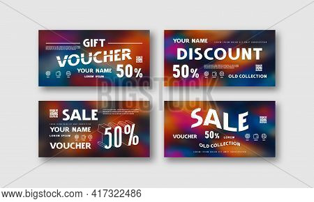Stock Vector Set Of Discount Voucher Template. Printed On Color Hand Painted Psychedelic Tie Dye Blu