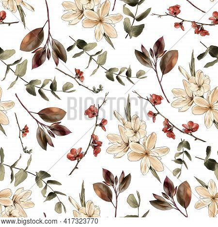 Branch, Flowers Watercolor Painting On A White Background , Seamless Pattern.