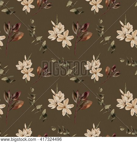 Branch, Flowers Watercolor Painting On A Dark Background , Seamless Pattern.