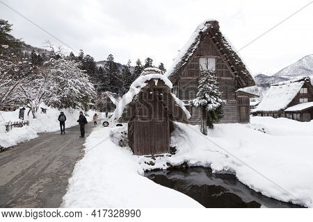 Shirakawa, Japan - Feb 1,2017 : Old Japanese Gassho Farmhouse At Shirakawa Go Village In Shirakawa, 